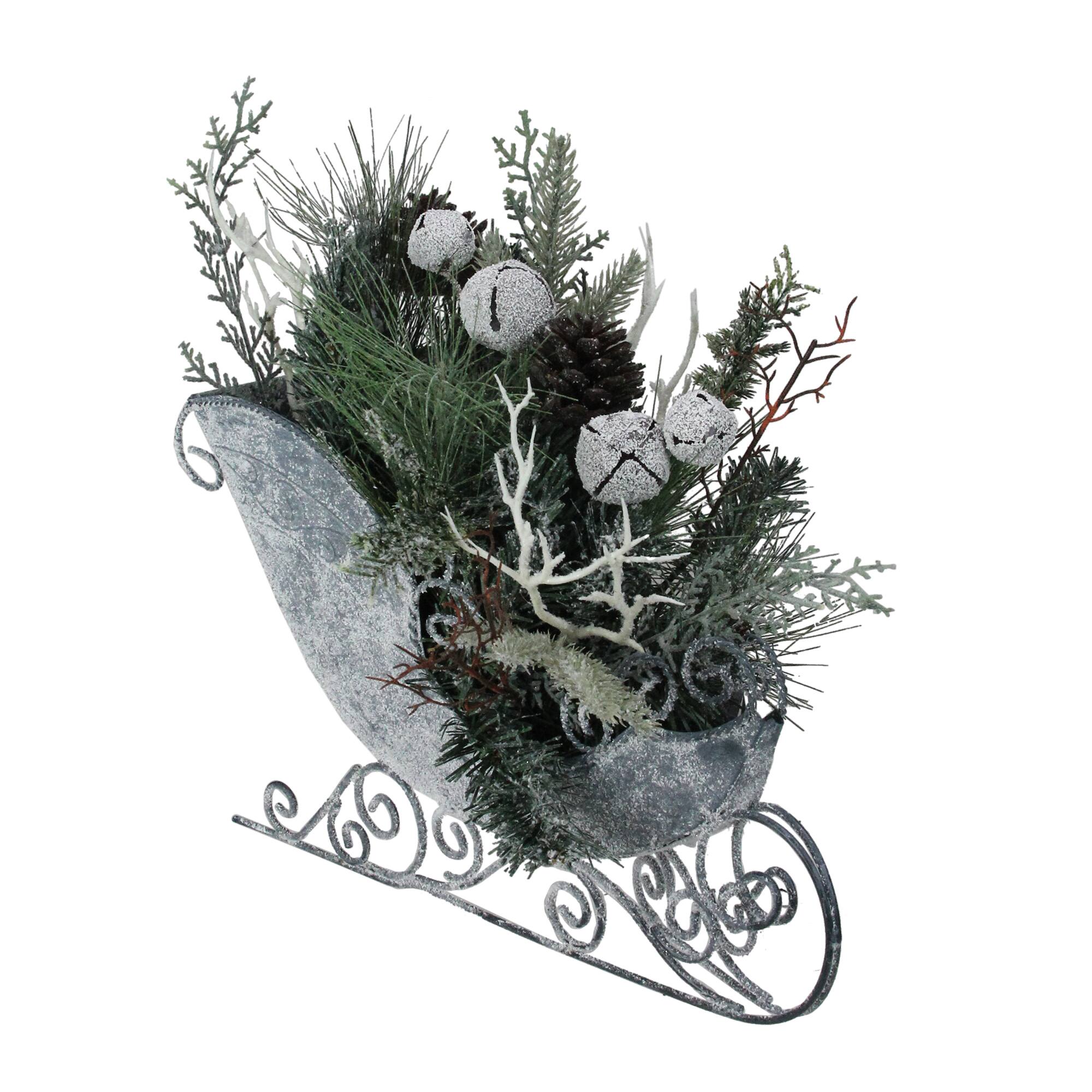 9.5" Gray & Green Frosted Pinecone in Foliage Filled Tabletop Sleigh